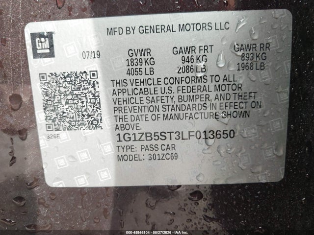 2020 Chevrolet Malibu Fwd Ls მანქანა იყიდება აუქციონზე, vin: 1G1ZB5ST3LF013650, აუქციონის ნომერი: 45946104