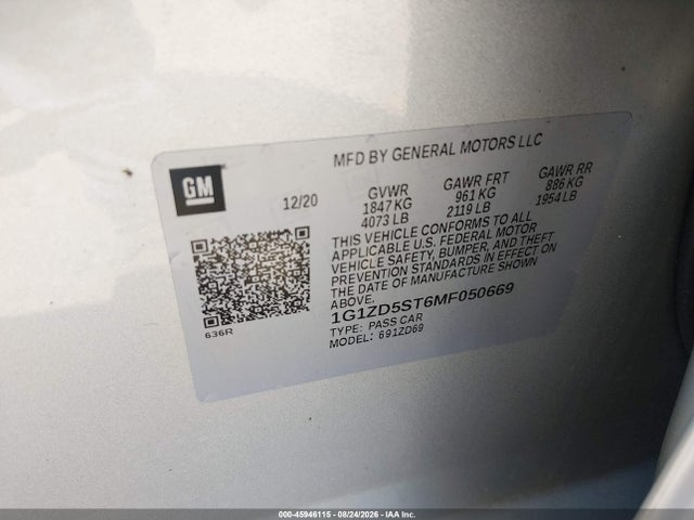 Продаж на аукціоні авто 2021 Chevrolet Malibu Fwd Lt, vin: 1G1ZD5ST6MF050669, номер лоту: 45946115