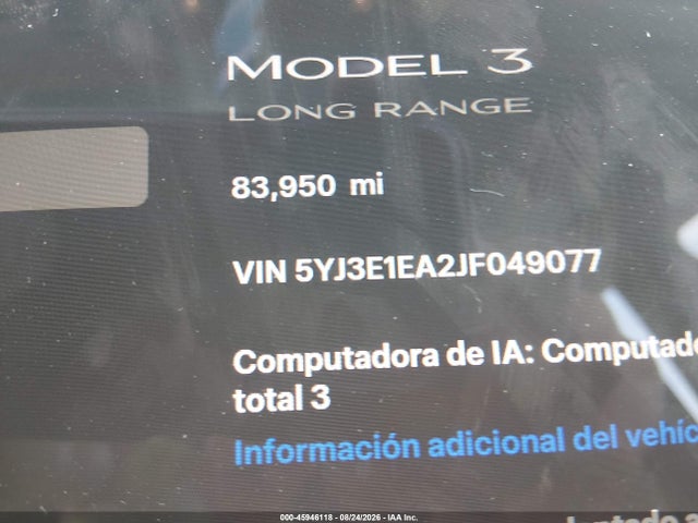 5YJ3E1EA2JF049077 Tesla Model 3 Long Range/mid Range