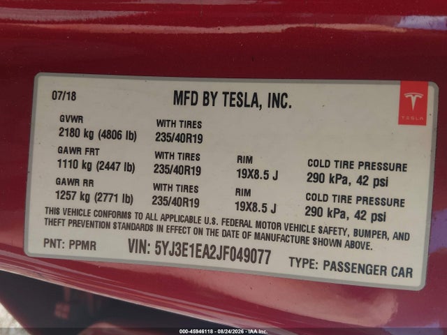 5YJ3E1EA2JF049077 Tesla Model 3 Long Range/mid Range