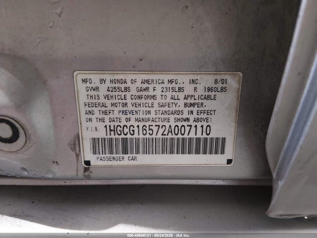 Aukcja sprzedaży 2002 Honda Accord 3.0 Ex, vin: 1HGCG16572A007110, numer aukcji: 45946121