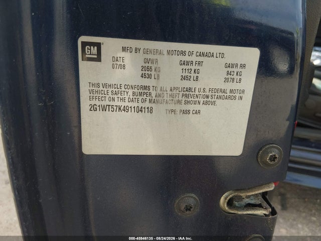 45946135 :رقم المزاد ، 2G1WT57K491104118 vin ، 2009 Chevrolet Impala Lt مزاد بيع