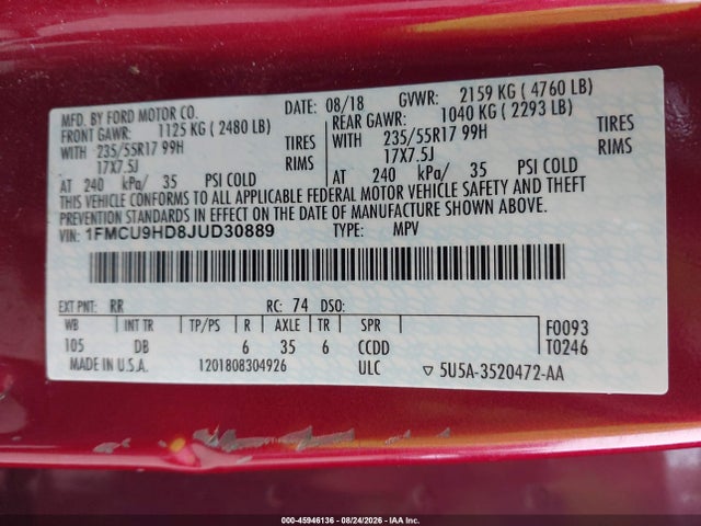 1FMCU9HD8JUD30889 Ford ESCAPE SEL