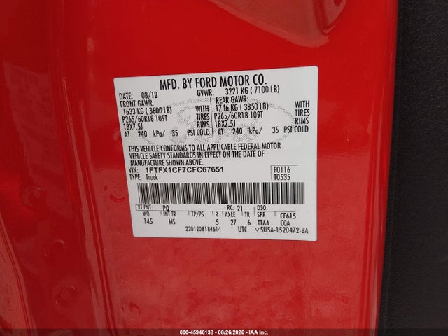 45946138 :رقم المزاد ، 1FTFX1CF7CFC67651 vin ، 2012 Ford F-150 Xlt مزاد بيع