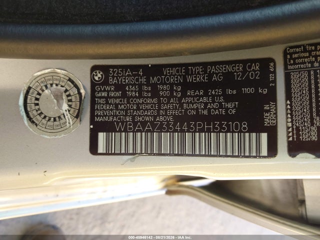 Продаж на аукціоні авто 2003 Bmw 325i, vin: WBAAZ33443PH33108, номер лоту: 45946142