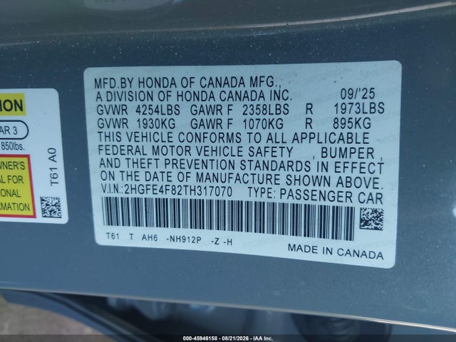 2HGFE4F82TH317070 Honda Civic Hybrid Sport/sport Touring