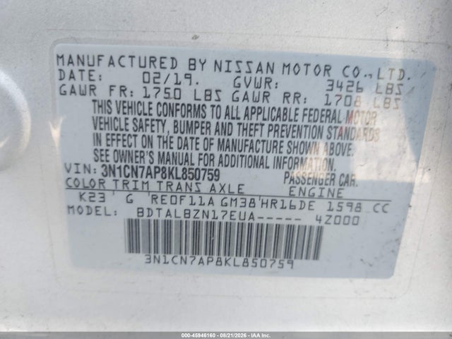Продаж на аукціоні авто 2019 Nissan Versa 1.6 Sv, vin: 3N1CN7AP8KL850759, номер лоту: 45946160