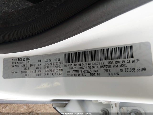 45946163 :رقم المزاد ، 1C6SRFLT6LN229935 vin ، 2020 Ram 1500 Rebel  4x4 5'7 Box مزاد بيع