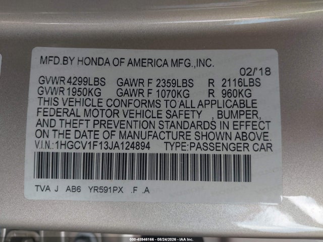 Aukcja sprzedaży 2018 Honda Accord Lx, vin: 1HGCV1F13JA124894, numer aukcji: 45946166