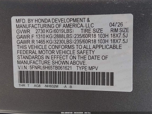 5FNRL6H65TB061621 Honda Odyssey Ex-l