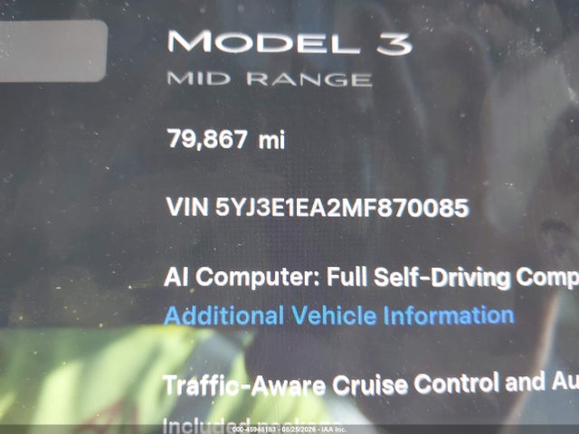 Aukcja sprzedaży 2021 Tesla Model 3 Standard Range Plus Rear-wheel Drive, vin: 5YJ3E1EA2MF870085, numer aukcji: 45946183
