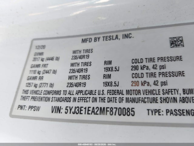 Aukcja sprzedaży 2021 Tesla Model 3 Standard Range Plus Rear-wheel Drive, vin: 5YJ3E1EA2MF870085, numer aukcji: 45946183
