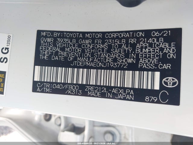 45946210 :رقم المزاد ، JTDEPMAE0NJ193772 vin ، 2022 Toyota Corolla Le مزاد بيع