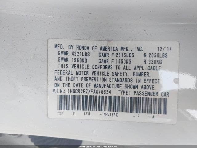 2015 Honda Accord Ex მანქანა იყიდება აუქციონზე, vin: 1HGCR2F7XFA076624, აუქციონის ნომერი: 45946220