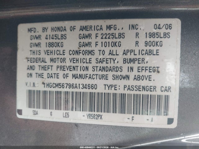 2006 Honda Accord 2.4 Ex მანქანა იყიდება აუქციონზე, vin: 1HGCM56796A134660, აუქციონის ნომერი: 45946221