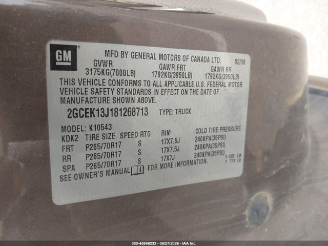 45946232 :رقم المزاد ، 2GCEK13J181268713 vin ، 2008 Chevrolet Silverado 1500 Lt2 مزاد بيع