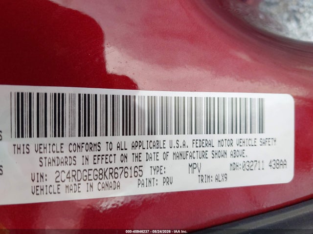 Aukcja sprzedaży 2019 Dodge Grand Caravan Gt, vin: 2C4RDGEG8KR676165, numer aukcji: 45946237