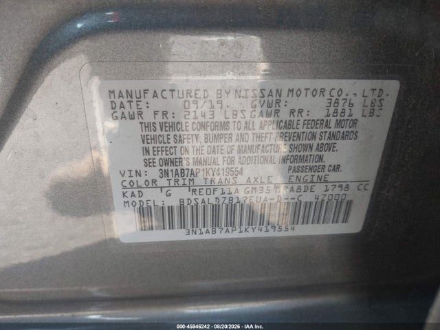 Nissan SENTRA SV 2019 3N1AB7AP1KY419554 Image 9