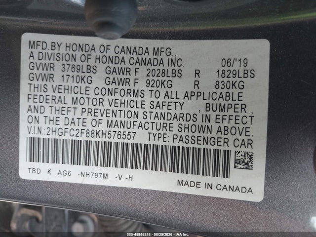 45946248 :رقم المزاد ، 2HGFC2F88KH576557 vin ، 2019 Honda Civic Sport مزاد بيع