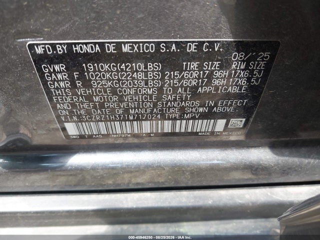 Продажа на аукционе авто 2026 Honda Hr-v 2wd Lx, vin: 3CZRZ1H37TM717024, номер лота: 45946250