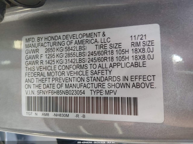2022 Honda Pilot Awd Trailsport მანქანა იყიდება აუქციონზე, vin: 5FNYF6H85NB023054, აუქციონის ნომერი: 45946264