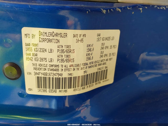 Aukcja sprzedaży 2006 Chrysler Pt Cruiser, vin: 3A4FY48B16T247940, numer aukcji: 45946267