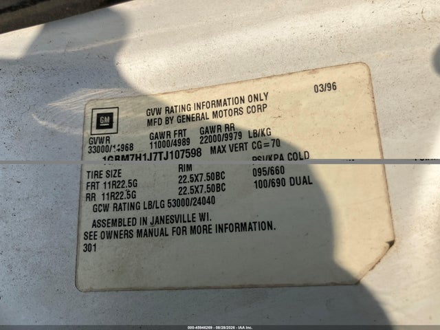 Aukcja sprzedaży 1996 Chevrolet Kodiak C7h042, vin: 1GBM7H1J7TJ107598, numer aukcji: 45946269