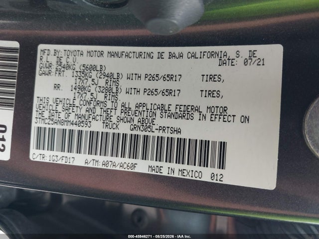Aukcja sprzedaży 2021 Toyota Tacoma Trd Sport, vin: 3TMCZ5AN8MM440593, numer aukcji: 45946271