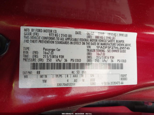 2017 Ford Focus Se მანქანა იყიდება აუქციონზე, vin: 1FADP3F27HL295749, აუქციონის ნომერი: 45946275