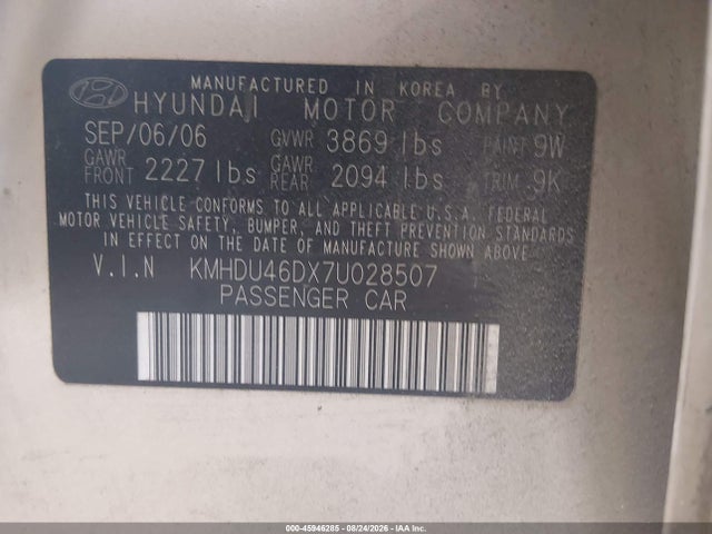45946285 :رقم المزاد ، KMHDU46DX7U028507 vin ، 2007 Hyundai Elantra Gls/ltd/se مزاد بيع