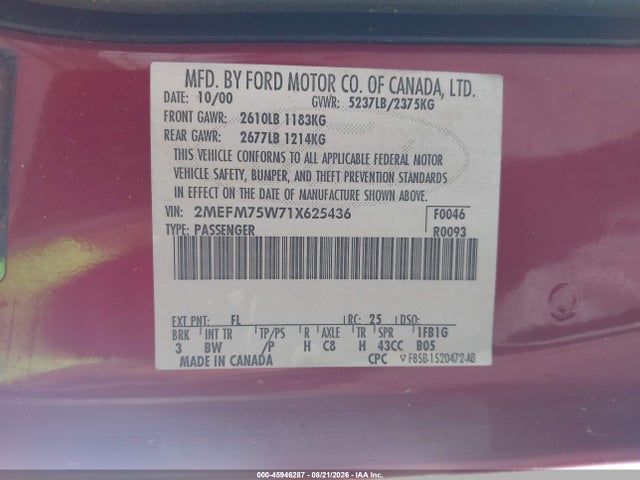 45946287 :رقم المزاد ، 2MEFM75W71X625436 vin ، 2001 Mercury Grand Marquis Ls مزاد بيع