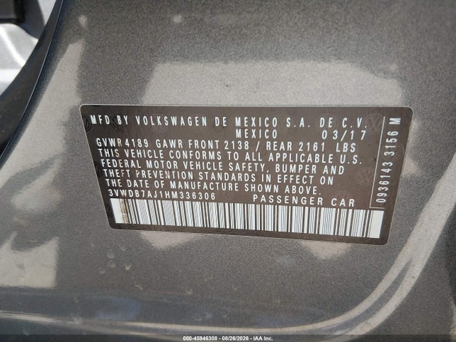 Aukcja sprzedaży 2017 Volkswagen Jetta 1.4t Se, vin: 3VWDB7AJ1HM336306, numer aukcji: 45946308