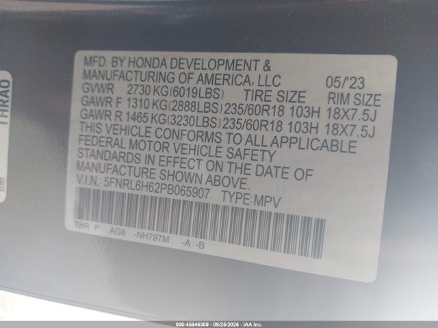 2023 Honda Odyssey Ex-l მანქანა იყიდება აუქციონზე, vin: 5FNRL6H62PB065907, აუქციონის ნომერი: 45946309