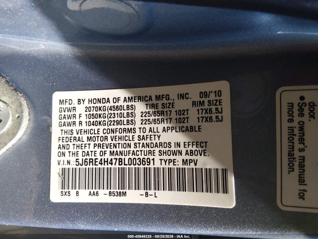 Aukcja sprzedaży 2011 Honda Cr-v Se, vin: 5J6RE4H47BL003691, numer aukcji: 45946328