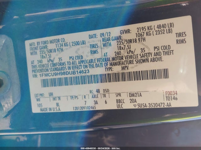 2013 Ford Escape Sel მანქანა იყიდება აუქციონზე, vin: 1FMCU9H98DUB14623, აუქციონის ნომერი: 45946330