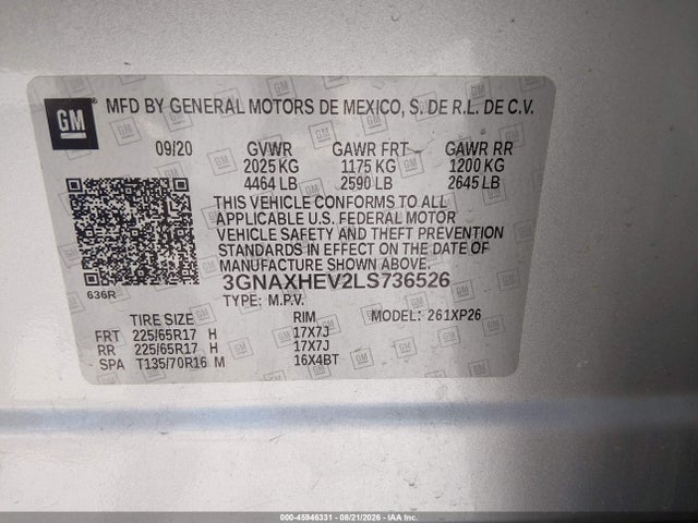 Aukcja sprzedaży 2020 Chevrolet Equinox Ls, vin: 3GNAXHEV2LS736526, numer aukcji: 45946331