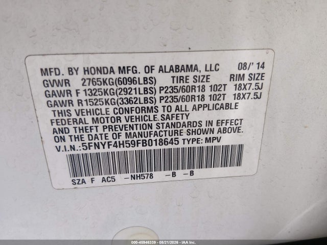 Aukcja sprzedaży 2015 Honda Pilot Ex-l, vin: 5FNYF4H59FB018645, numer aukcji: 45946339