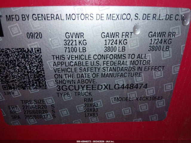 45946373 :رقم المزاد ، 3GCUYEEDXLG448474 vin ، 2020 Chevrolet Silverado 1500 4wd  Short Bed Rst مزاد بيع