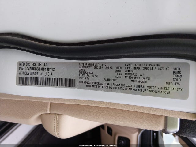 Auction sale of the 2021 Jeep Grand Cherokee L Limited 4x4, vin: 1C4RJKBG0M8108412, lot number: 45946375