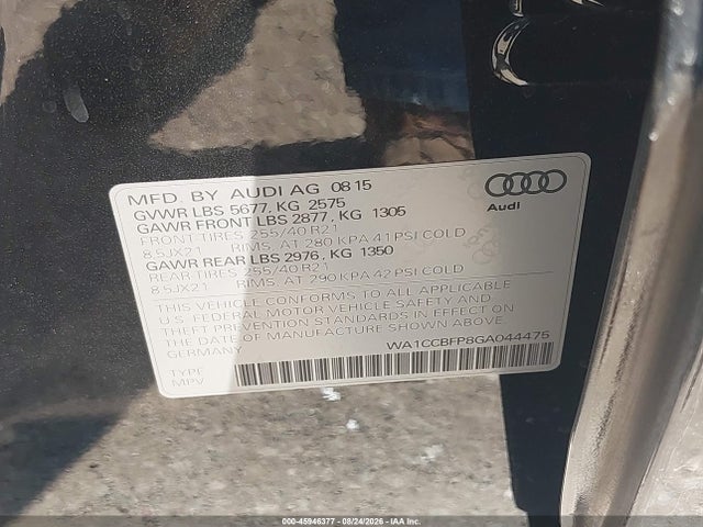 45946377 :رقم المزاد ، WA1CCBFP8GA044475 vin ، 2016 Audi Sq5 3.0t Premium Plus مزاد بيع