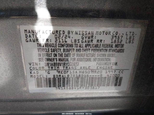 Aukcja sprzedaży 2024 Nissan Sentra S Xtronic Cvt, vin: 3N1AB8BV1RY303817, numer aukcji: 45946400