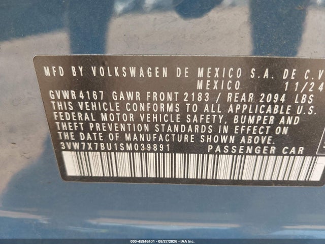 2025 Volkswagen Jetta 1.5t Se მანქანა იყიდება აუქციონზე, vin: 3VW7X7BU1SM039891, აუქციონის ნომერი: 45946401
