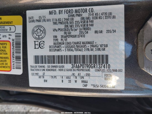 2016 Ford Fusion Se მანქანა იყიდება აუქციონზე, vin: 3FA6P0T90GR137410, აუქციონის ნომერი: 45946406