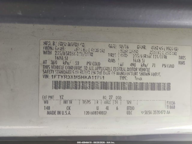45946419 :رقم المزاد ، 1FTYR3XM5HKA11711 vin ، 2017 Ford Transit-250 مزاد بيع