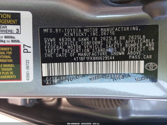 2017 Toyota Camry Se მანქანა იყიდება აუქციონზე, vin: 4T1BF1FK8HU629544, აუქციონის ნომერი: 45946426