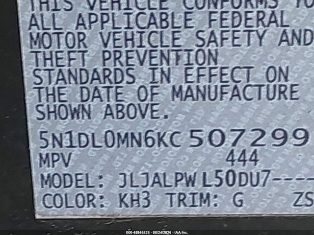 Aukcja sprzedaży 2019 Infiniti Qx60 Pure, vin: 5N1DL0MN6KC507299, numer aukcji: 45946428