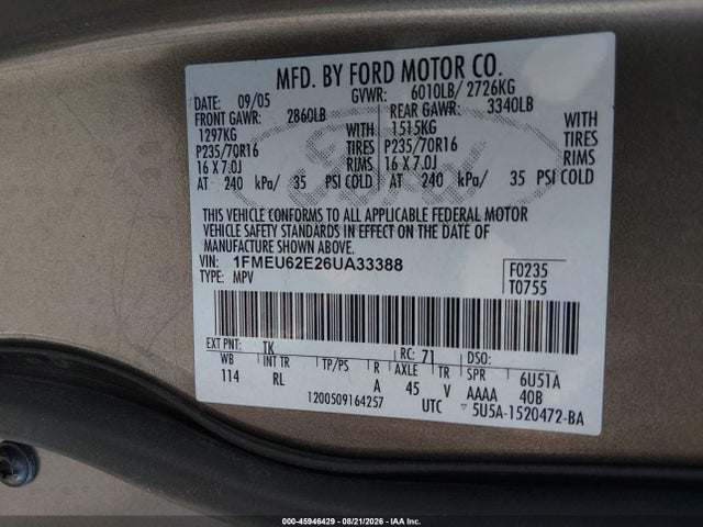 45946429 :رقم المزاد ، 1FMEU62E26UA33388 vin ، 2006 Ford Explorer Xls مزاد بيع
