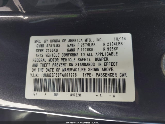 2015 Acura Tlx V6 Tech მანქანა იყიდება აუქციონზე, vin: 19UUB3F59FA001278, აუქციონის ნომერი: 45946430