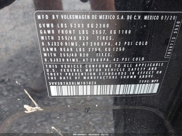 45946431 :رقم المزاد ، 3VV3B7AX6LM161824 vin ، 2020 Volkswagen Tiguan مزاد بيع