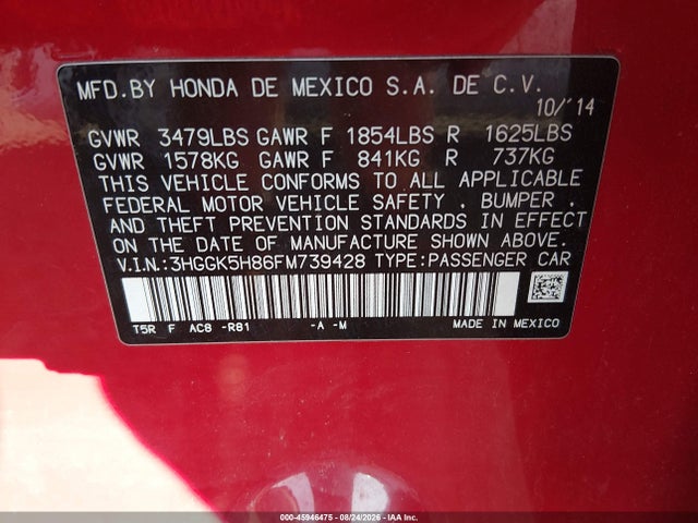 Продажа на аукционе авто 2015 Honda Fit Ex/ex-l, vin: 3HGGK5H86FM739428, номер лота: 45946475